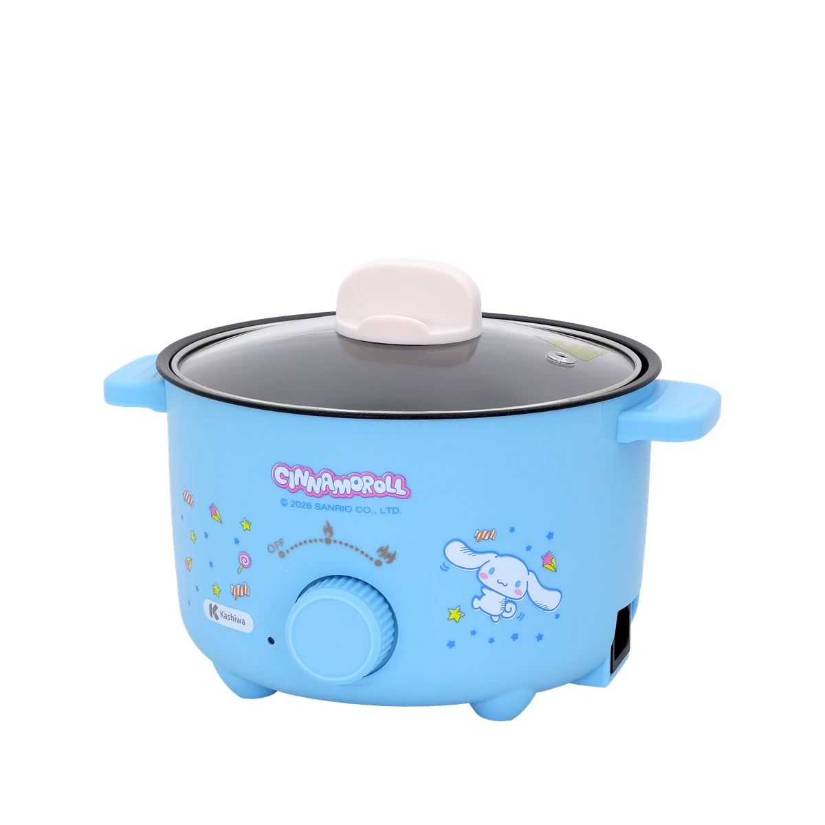 หม้อต้มไฟฟ้า Cinnamoroll KW-135 ปี 2026 มุมเฉียงและช่องเสียบสายไฟ