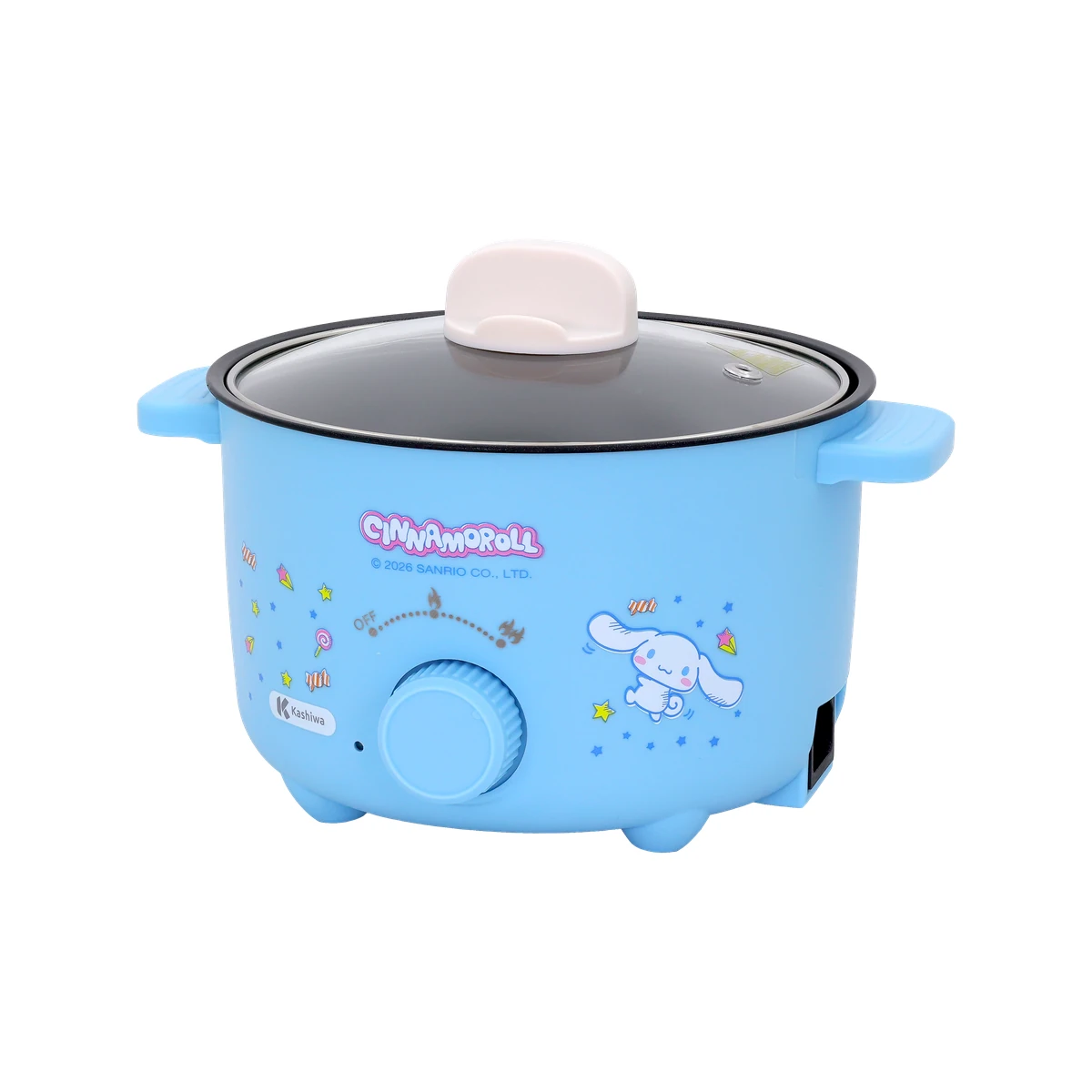 หม้อต้มไฟฟ้า Cinnamoroll KW-135 ปี 2026 มุมเฉียงและช่องเสียบสายไฟ