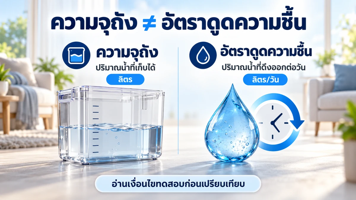 ภาพอธิบายความจุถังหน่วยลิตรเทียบกับอัตราดูดความชื้นหน่วยลิตรต่อวัน พร้อมเตือนให้อ่านเงื่อนไขทดสอบก่อนเปรียบเทียบ