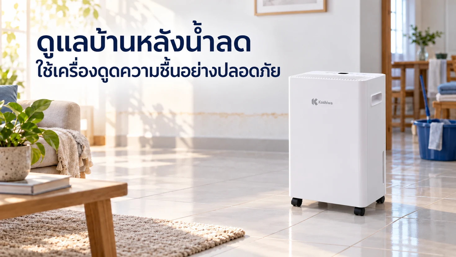 ภาพปกดูแลบ้านหลังน้ำลด ใช้เครื่องดูดความชื้นอย่างปลอดภัย พร้อมเครื่อง KASHIWA HC-105 โดยไม่มีข้อความชื่อรุ่นในภาพ