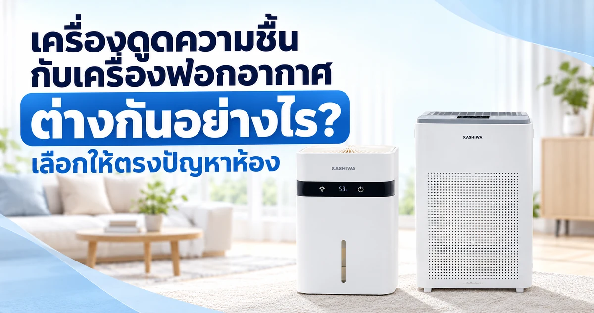 ปกบทความเปรียบเทียบเครื่องดูดความชื้นกับเครื่องฟอกอากาศ พร้อมภาพ KASHIWA รุ่น HC-102 และ IM-004