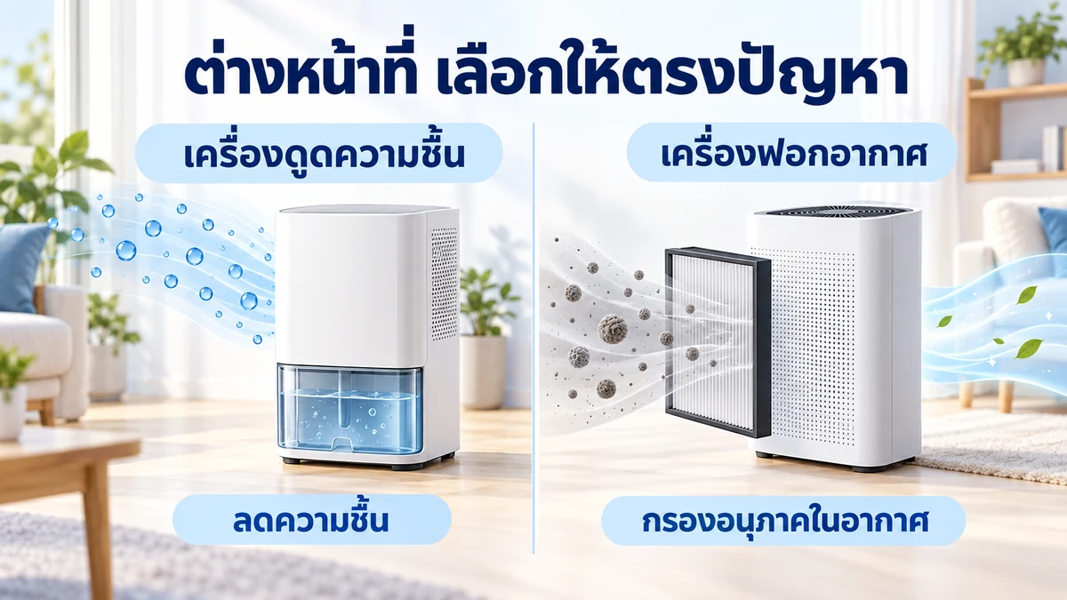 ภาพเปรียบเทียบหน้าที่เครื่องดูดความชื้นที่เก็บน้ำออกจากอากาศ และเครื่องฟอกอากาศที่กรองอนุภาคผ่านไส้กรอง