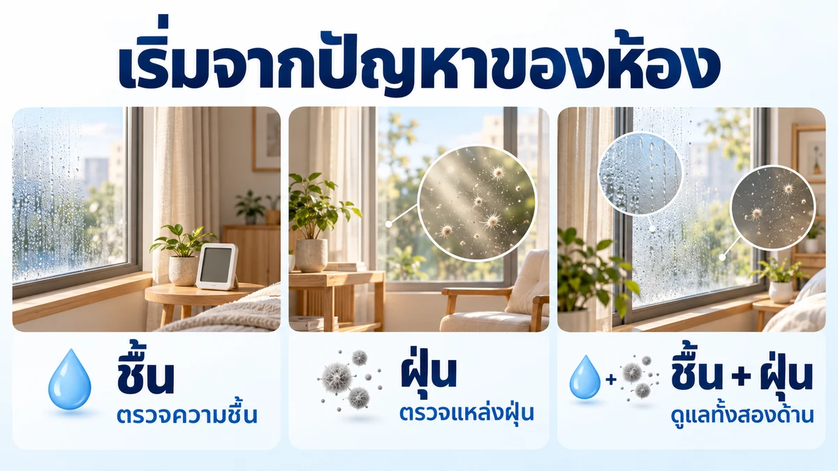 ภาพสามสถานการณ์ของห้อง ได้แก่ ความชื้น ฝุ่น และทั้งความชื้นกับฝุ่น เพื่อเริ่มตรวจปัญหาก่อนเลือกเครื่อง